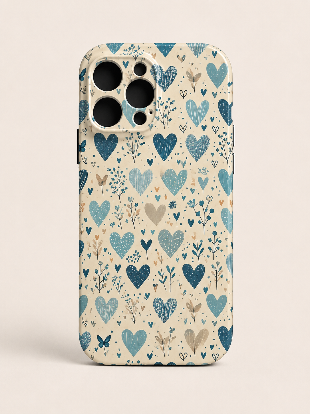 Blue hearts and botanicals iPhone case - clean studio shot on white background