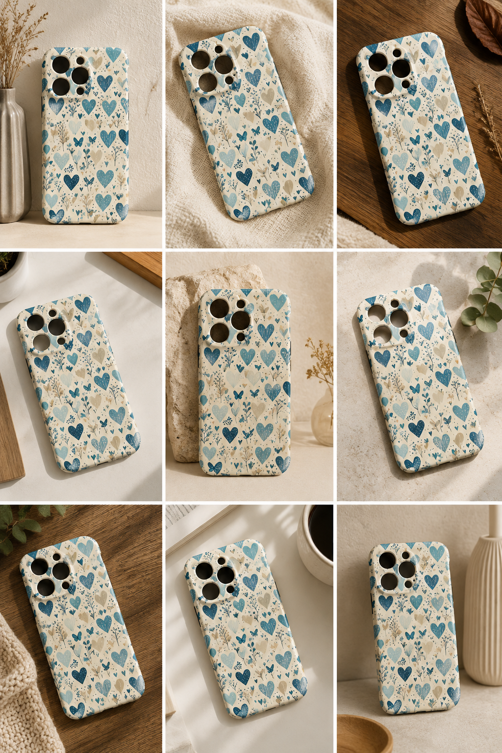Blue hearts and botanicals iPhone case - nine lifestyle shots collage