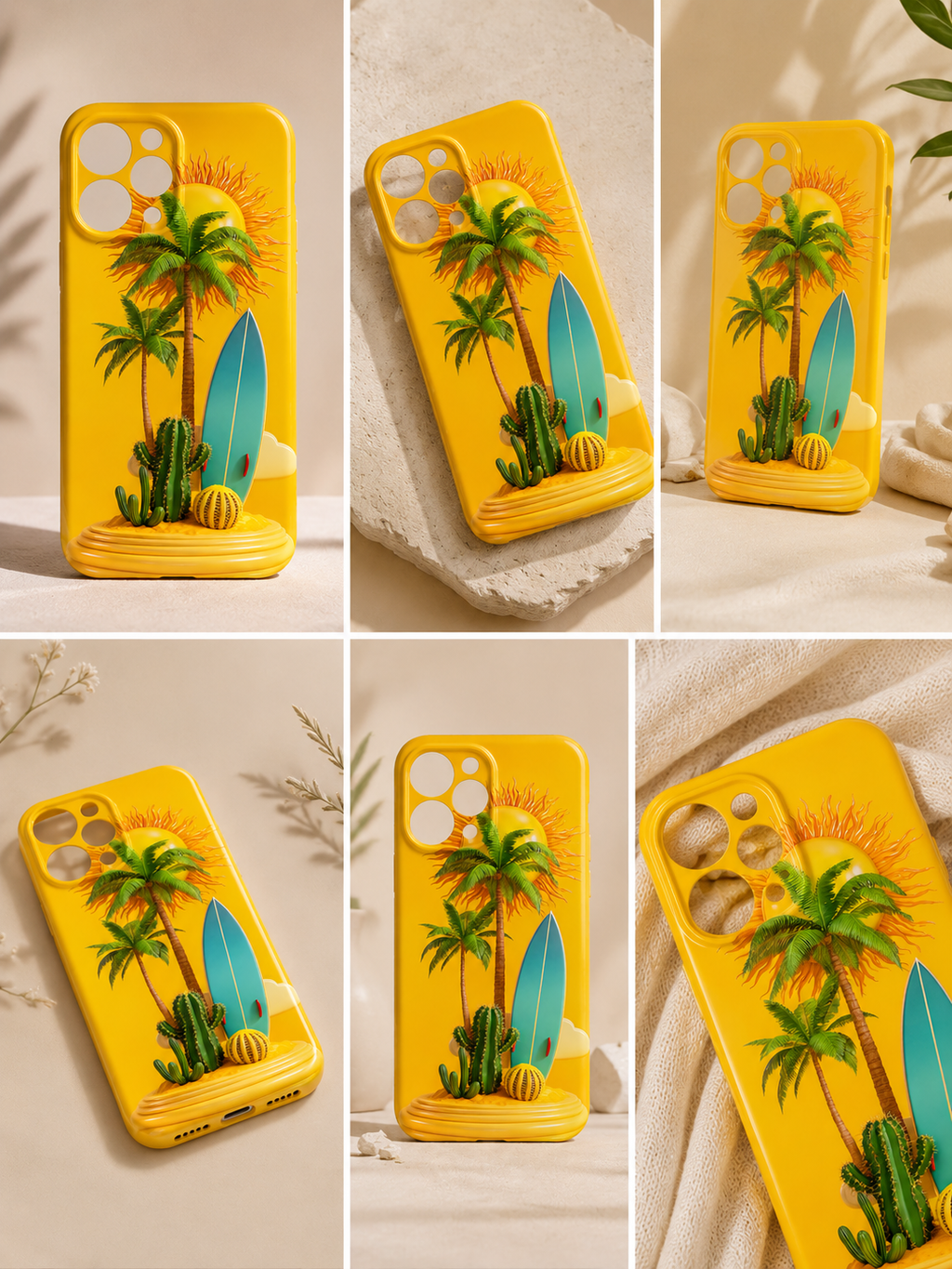 Sunny Surf Phone Case - yellow case with palm tree, surfboard and cactus design shown from 6 angles