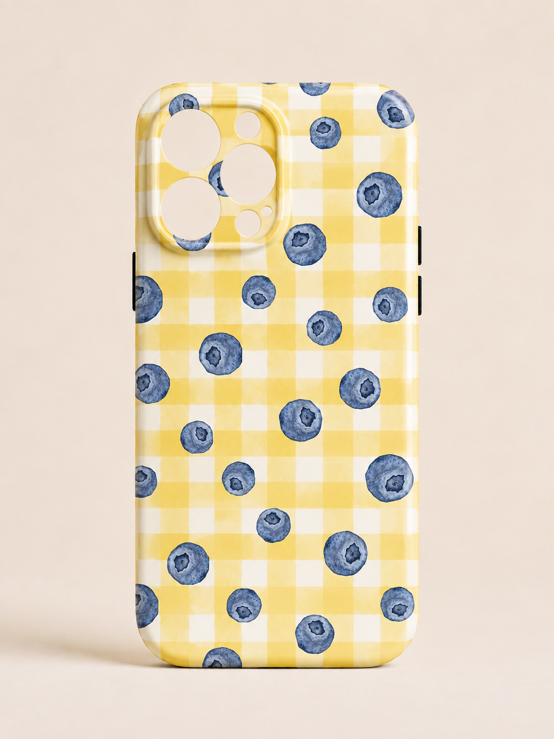 Blueberry Gingham Phone Case - yellow gingham pattern with scattered watercolour blueberries
