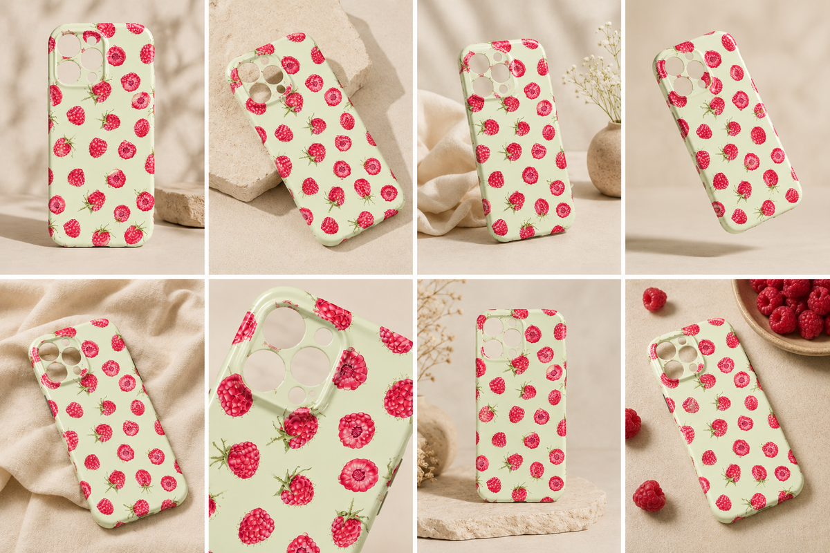 Raspberry Dream Phone Case - close up front view of mint green case with watercolour raspberry print