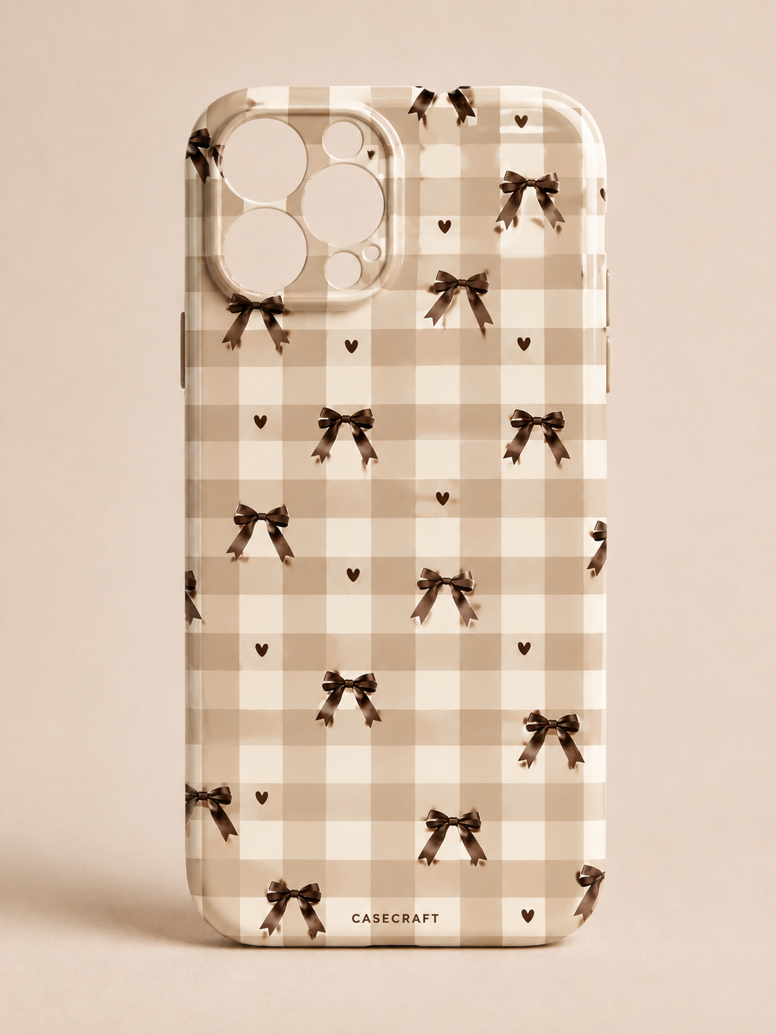 Mocha Bow Gingham Phone Case - 6 lifestyle angles showing warm cream and mocha gingham with satin bow pattern