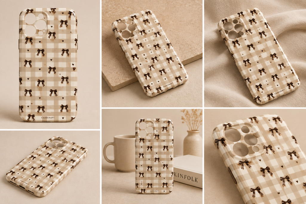 Mocha Bow Gingham Phone Case - close up front view showing full gingham and bow detail with CaseCraft branding