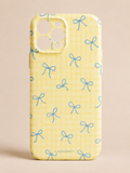 Lemon Blue Bow Phone Case - yellow case with scattered blue hand-drawn bow pattern and CaseCraft branding