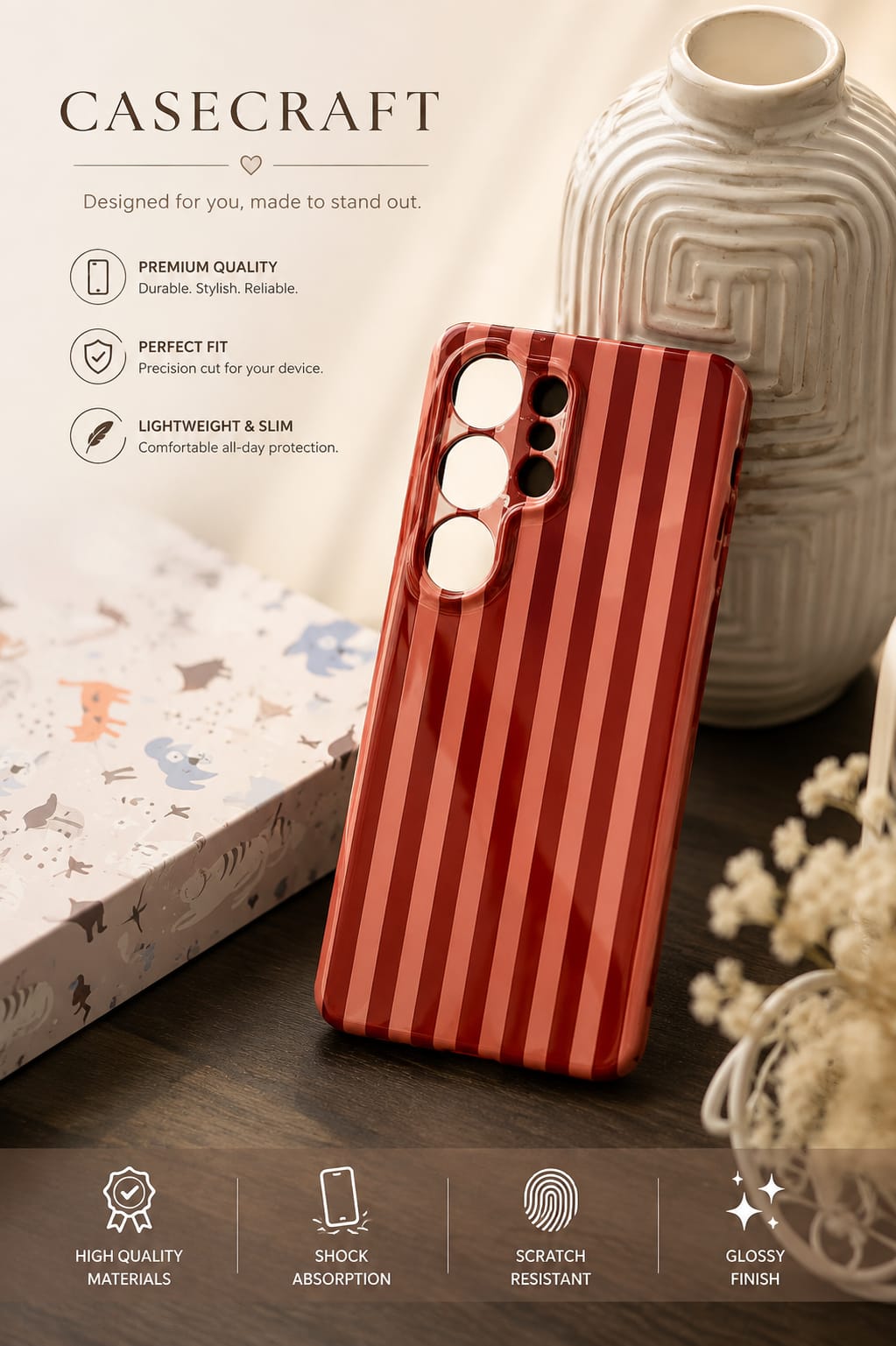 Red stripe glossy phone case product listing image