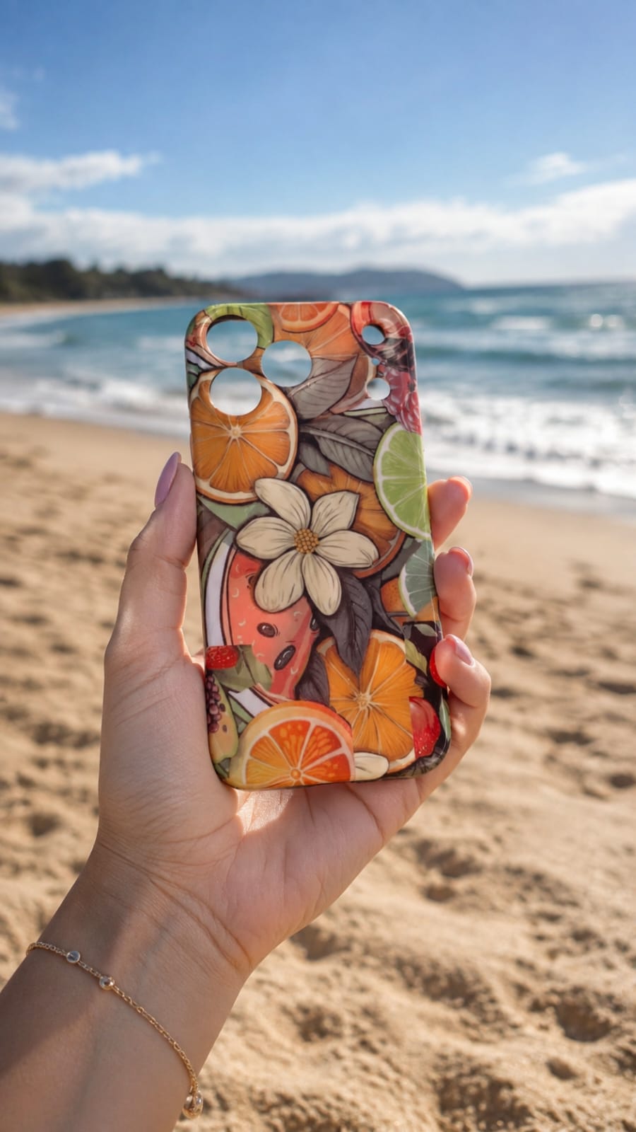 Tropical fruit and floral phone case flat lay on fabric