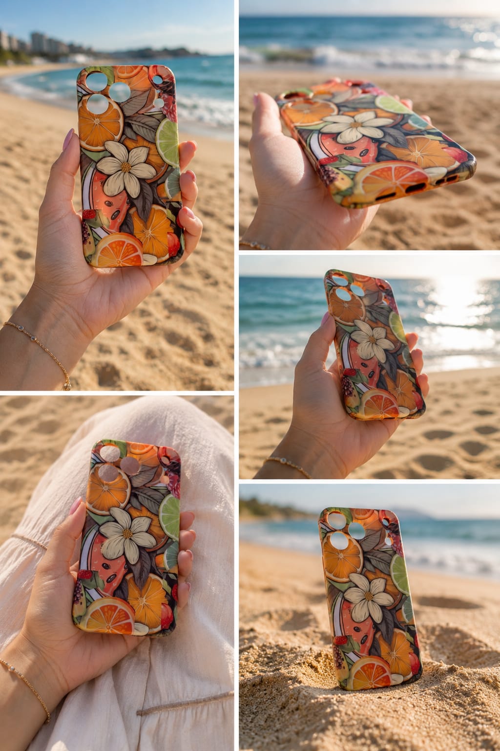 Tropical fruit and floral phone case held at the beach