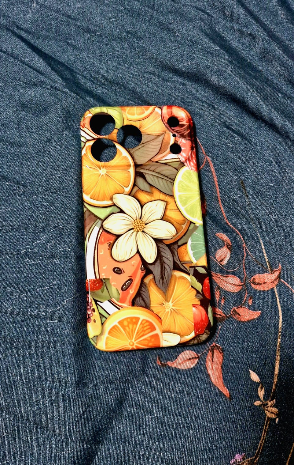 Tropical fruit and floral phone case multiple angles at beach