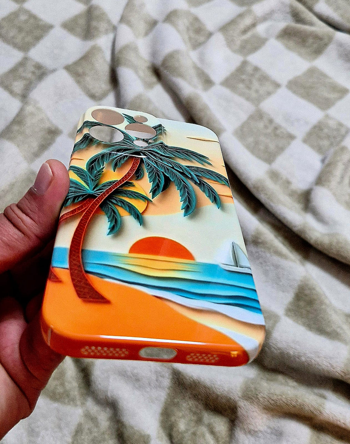 Sunset palm tree phone case side view showing slim profile