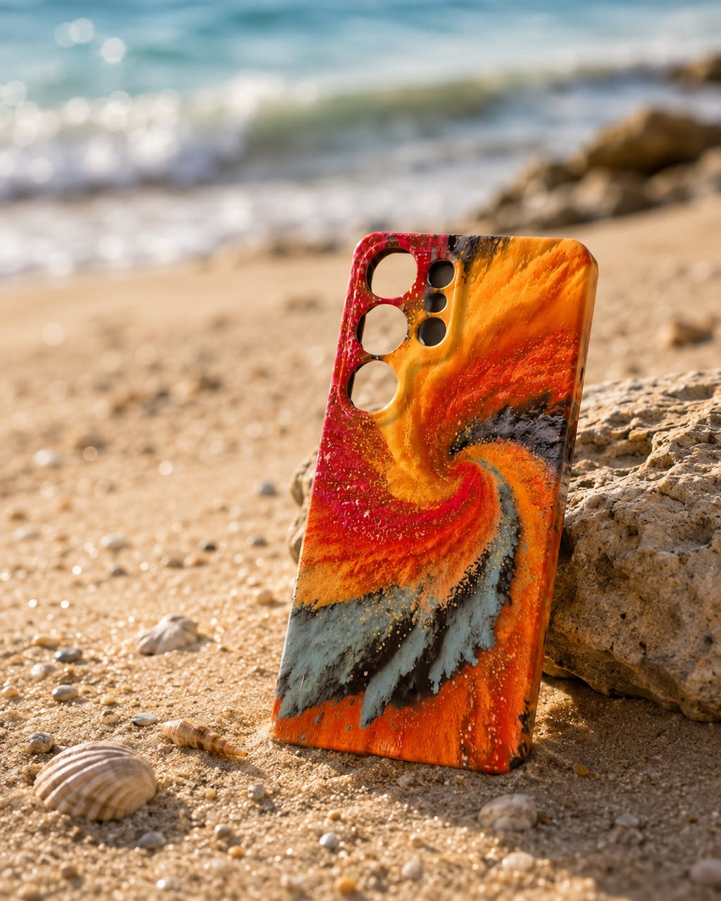 Firestorm resin art phone case propped on beach rock with ocean behind
