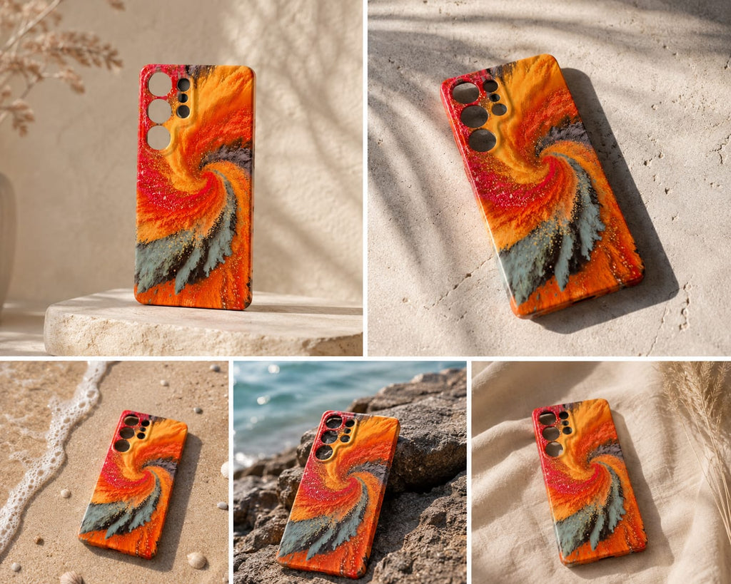 Firestorm resin art phone case collage showing multiple beach lifestyle shots