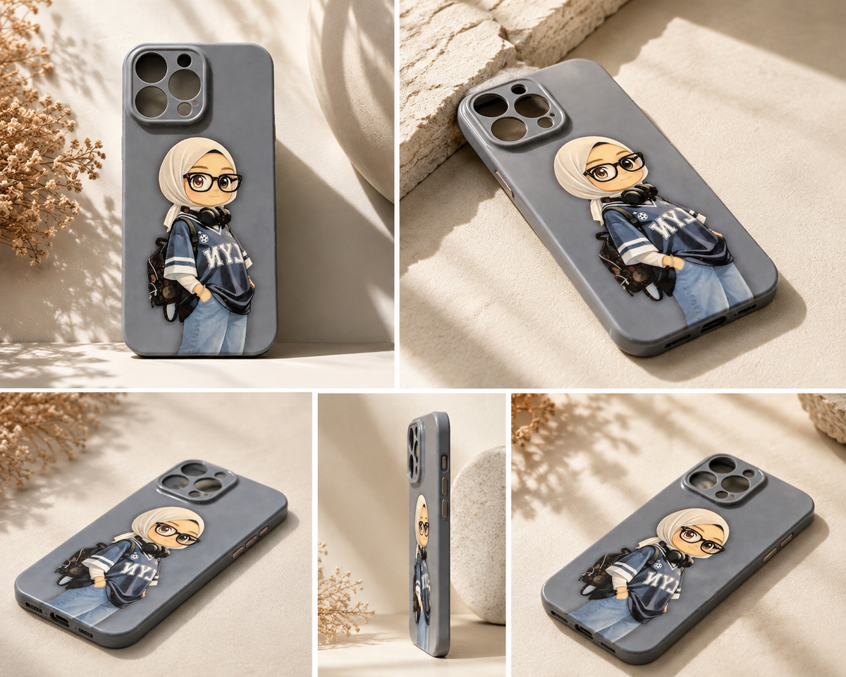 Hijabi girl cartoon phone case collage showing multiple angles on cream background