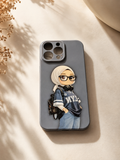 Hijabi girl cartoon phone case flat lay on cream fabric with dried flowers