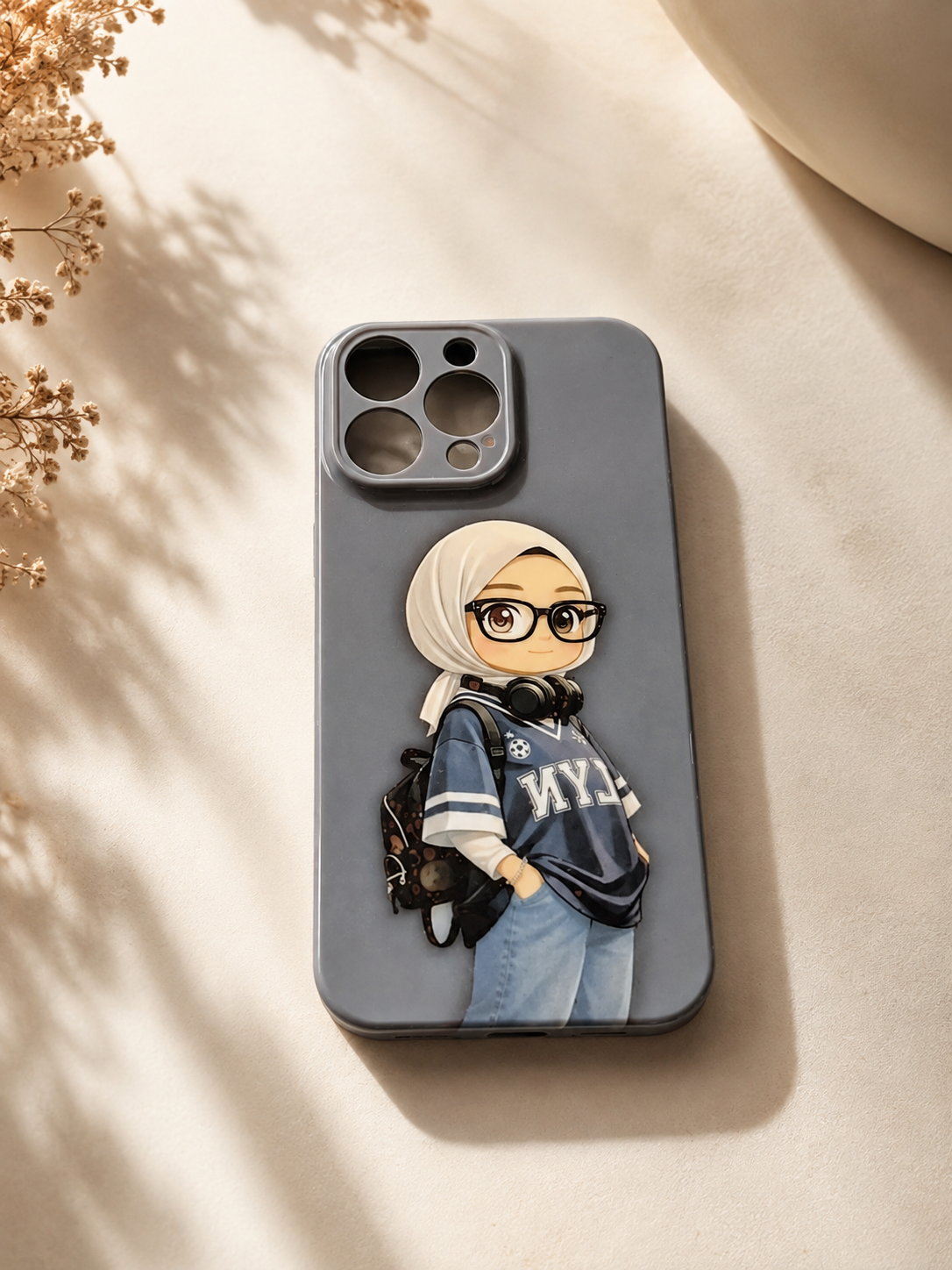 Hijabi girl cartoon phone case flat lay on cream fabric with dried flowers